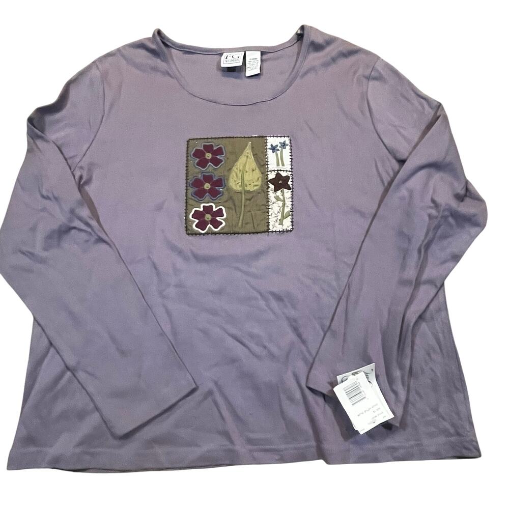 NEW Field Gear Woman 18W Boho Floral Applique Long Sleeve Sweater Spring Purple